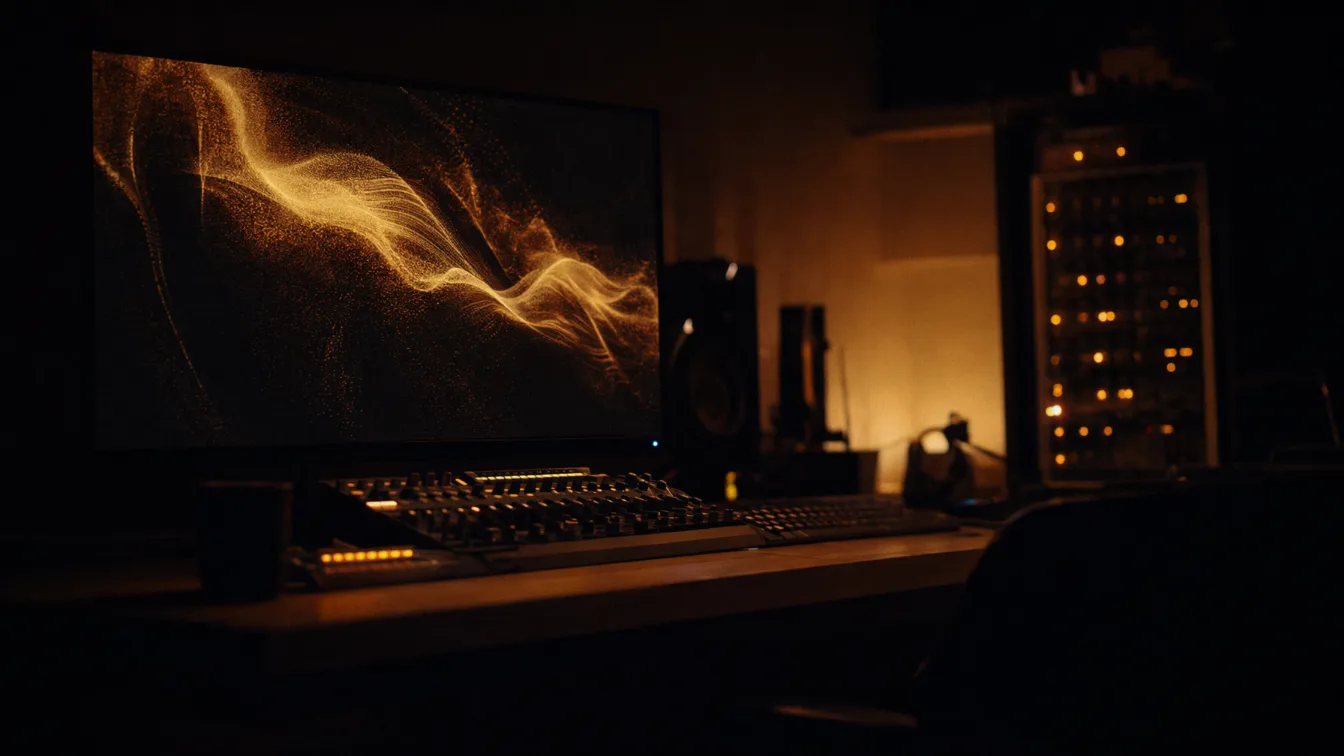 A dark studio workstation, generative gold particles on a large screen