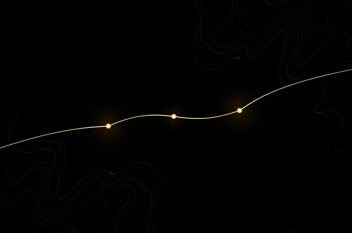 A thin gold line tracing a route between three points on a dark map