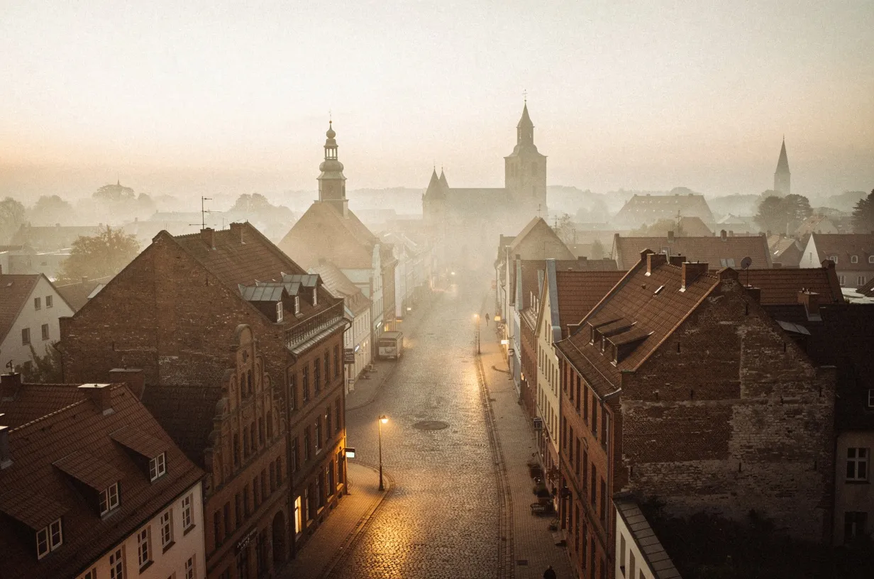 The old town of Brandenburg an der Havel in early morning mist