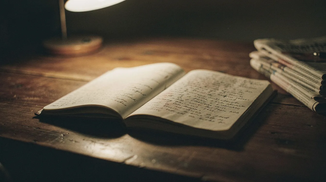 An open notebook under a desk lamp at night, newspapers stacked beside it
