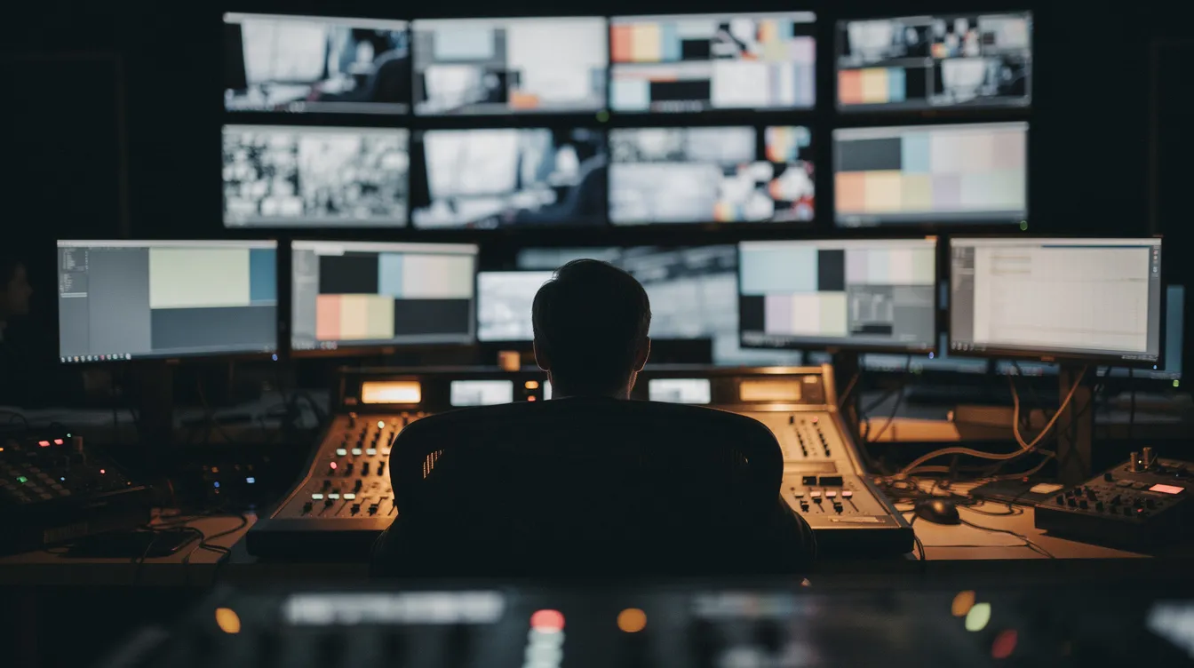 A broadcast control room at night, rows of glowing monitors